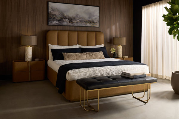 Sunpan JAMILLE Bed - King - Luxurious Milliken Cognac Upholstery with Deep Channel Tufting & Solid Oak Frame 112262
