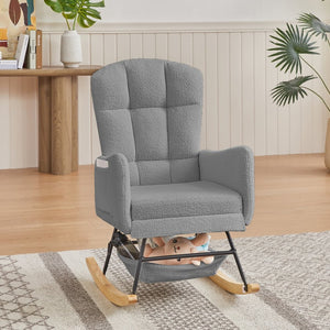 English Elm Beige Plush Teddy Fabric Rocking Chair High Back Armchair for Nursery or Reading Nook Grey W3985P386792