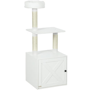 English Elm White Mdf Cat Tree with Hidden Litter Box Cabinet Sisal Posts and Plush Perch T3971P404464