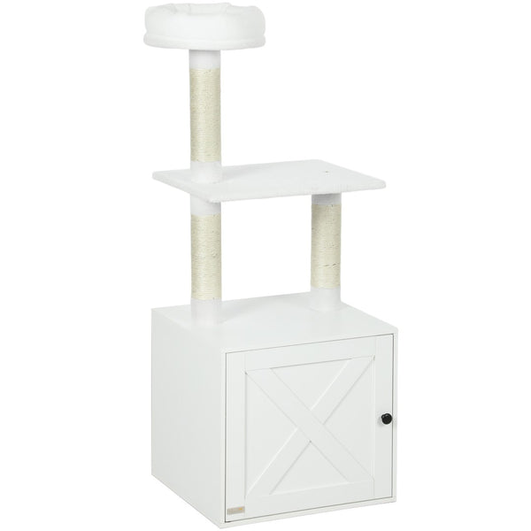 English Elm White Mdf Cat Tree with Hidden Litter Box Cabinet Sisal Posts and Plush Perch T3971P404464