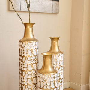 English Elm Floor Antique White Gold Metal Vases Set of 3 (32/28/24") — Tall Decorative Centerpieces for Entryway W2796P193594