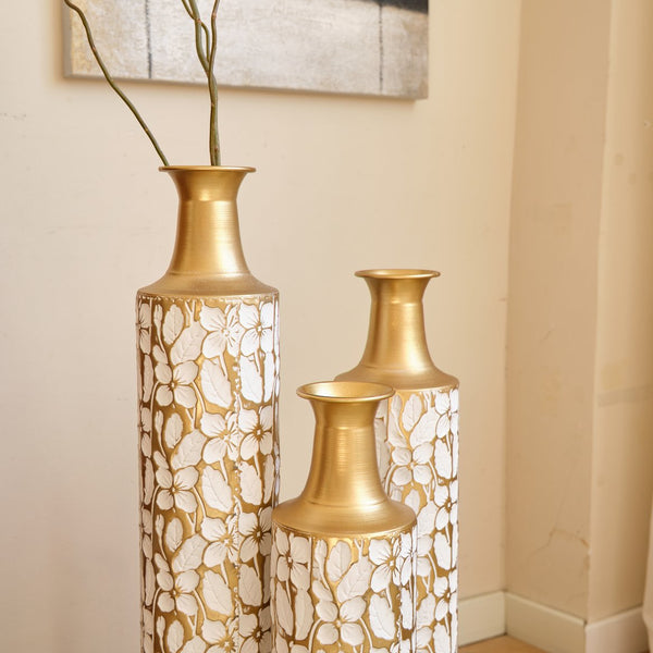 English Elm Floor Antique White Gold Metal Vases Set of 3 (32/28/24") — Tall Decorative Centerpieces for Entryway W2796P193594