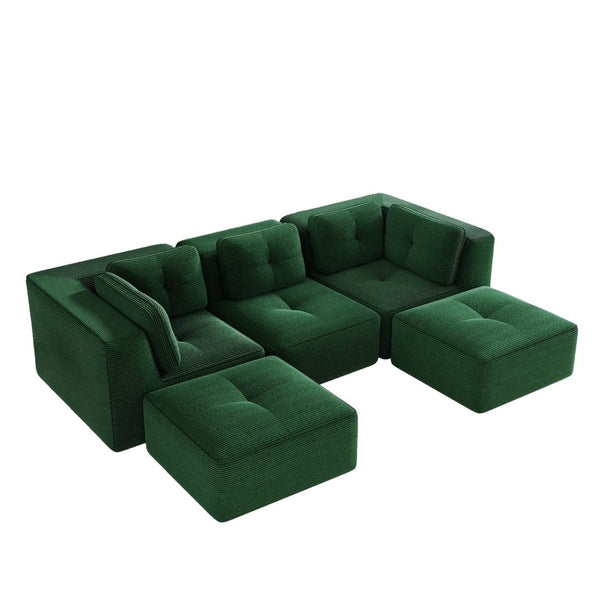 English Elm Modern Corduroy U-shaped Sectional with Tufted Cushions Deep Seat and Movable Ottomans Green W714S01797