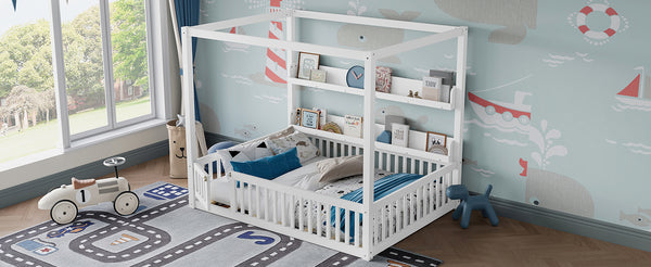 English Elm Full House Floor Bed with Door and Guardrails for Kids, Solid Wood Double Full, Safe Play Nook Light White W1580P359331