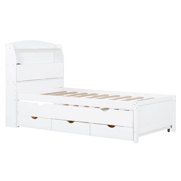 English Elm Twin LED Platform Bed with Trundle and Under-Storage Drawers, Flip-Up Headboard, USB Ports White N820S10008K