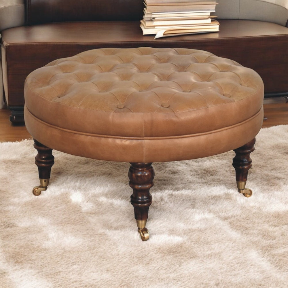English Elm Brown Buffalo Leather Round Ottoman with Hand-Tufted Buttons, Solid Mango Wood Legs & Brass Castors for Versatile Seating B182P303427