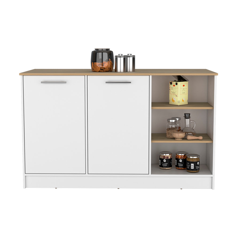 English Elm Kitchen Island Leoti White with European Ash Top, Engineered Wood, 2 Cabinets & Metal Handles, Durable B092S00268