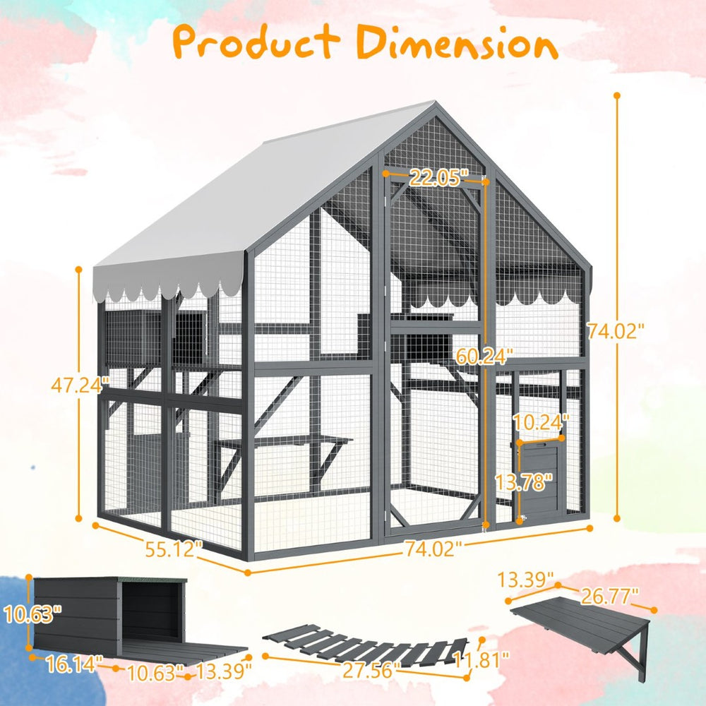 English Elm Extra Large Walk-in Outdoor Cat Enclosure with Oxford Roof Ramps and Dual Resting Huts W1422S00046