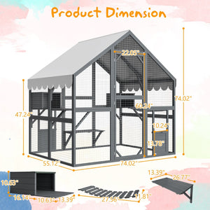 English Elm Extra Large Walk-in Outdoor Cat Enclosure with Oxford Roof Ramps and Dual Resting Huts W1422S00046