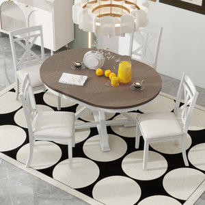 English Elm Trexm Retro Extendable Round Dining Set with Four Linen Upholstered Chairs Rubberwood Brown + Antique White ST000141AAD-2026