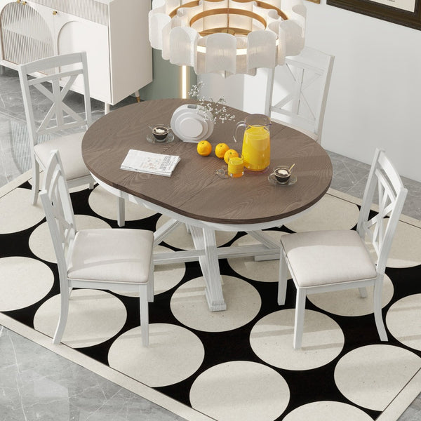 English Elm Trexm Retro Extendable Round Dining Set with Four Linen Upholstered Chairs Rubberwood Brown + Antique White ST000141AAD-2026