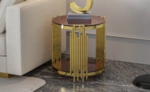 English Elm 19.69inch Gold Round Coffee Table with Crown Frame, 8mm Tempered Glass, Stainless Steel Base, Chic Storage Dark Brown W1550P171522