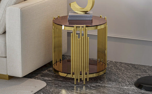 English Elm 19.69inch Gold Round Coffee Table with Crown Frame, 8mm Tempered Glass, Stainless Steel Base, Chic Storage Dark Brown W1550P171522