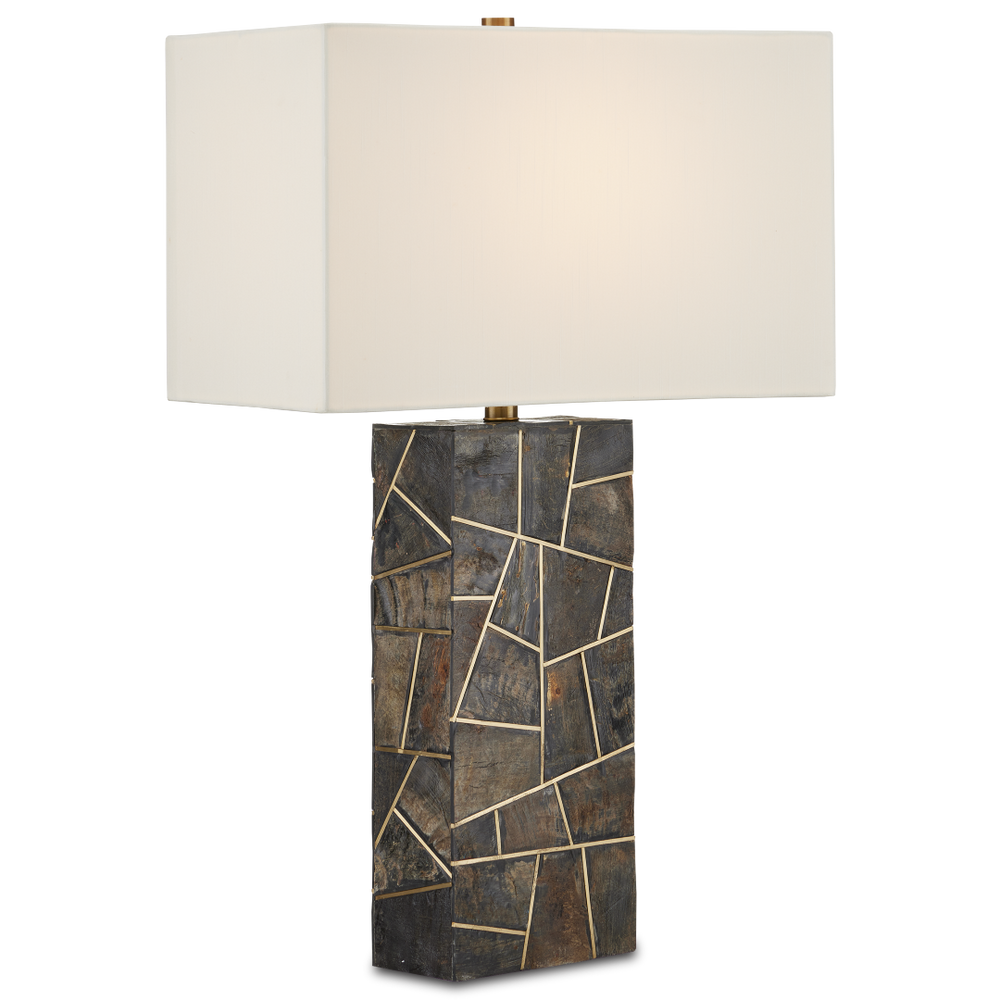 Carina Table Lamp - Elegant Natural Horn Inlay with Brass Accents, Off-White Shade, 28" Height