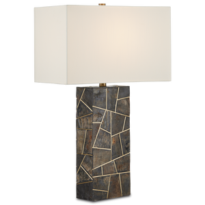 Carina Table Lamp - Elegant Natural Horn Inlay with Brass Accents, Off-White Shade, 28" Height