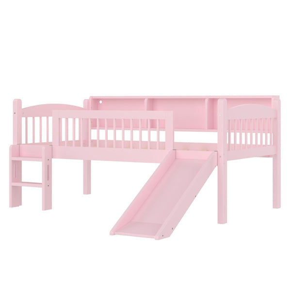 English Elm Twin Xl Solid Pine Loft Bed with Built-in Led Lighting and Storage Shelves Pink W1580S00365