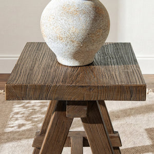 English Elm Hawthorne Reclaimed Elm Square Side Table with Trestle Base for Modern Rustic Interiors Brown B2719P474458