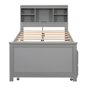 English Elm Twin Platform Bed with Storage Headboard, Pull-Out Trundle & 3 Drawers, USB Ports, Solid Wood Durability Gray GX000715AAE