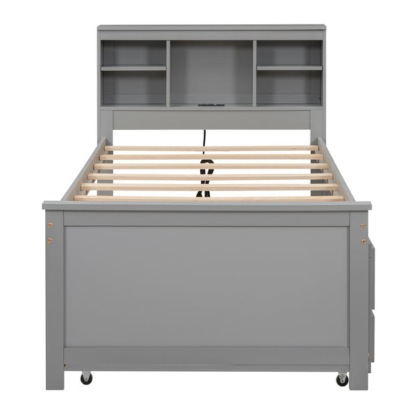 English Elm Twin Platform Bed with Storage Headboard, Pull-Out Trundle & 3 Drawers, USB Ports, Solid Wood Durability Gray GX000715AAE