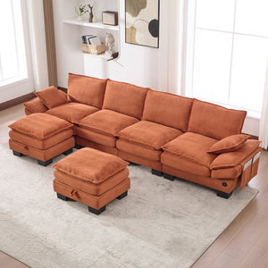 English Elm Sectional Modular Cloud Sofa Deep Corduroy Upholstered Comfort for Living Room Studio Orange W395S00135