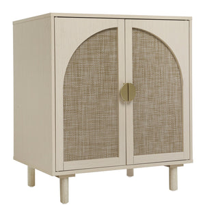 English Elm 2 Door Cabinet with Engineered Rattan Finish, Adjustable Shelves, Metal Semi-Circle Handles, Compact Storage Solution Natural W688134370