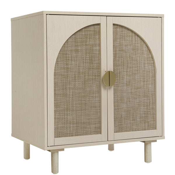 English Elm 2 Door Cabinet with Engineered Rattan Finish, Adjustable Shelves, Metal Semi-Circle Handles, Compact Storage Solution Natural W688134370