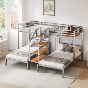 English Elm Metal Triple Bunk Bed Space-Saving Twin over Twin & Twin Design with Staircase Storage Shelves, Durable Metal Frame Silver GX001115AAN