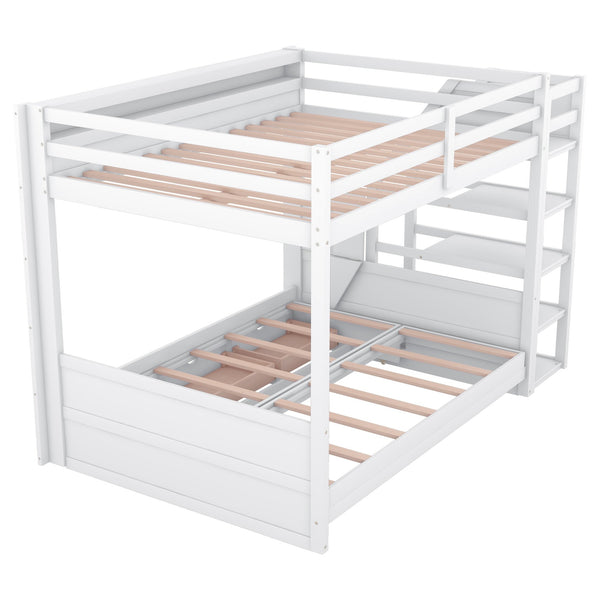 English Elm Wood Full Size Convertible Bunk Bed with Staircase Storage, Bedside Table and 3 Large Drawers, Durable Pine Finish White GX000335AAK-1