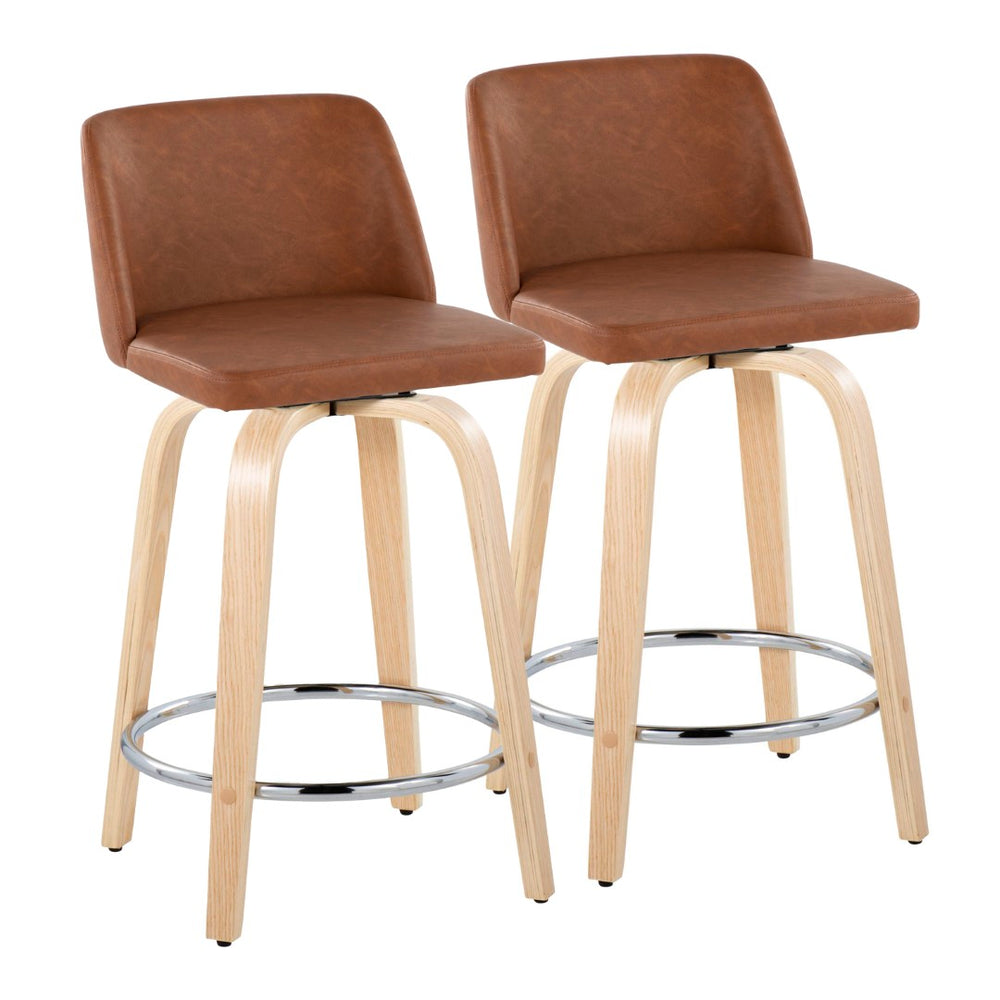 English Elm Fixed-height Swivel Counterstools Natural Wood Bentwood Legs Camel Faux Leather Set 2 B202S01767