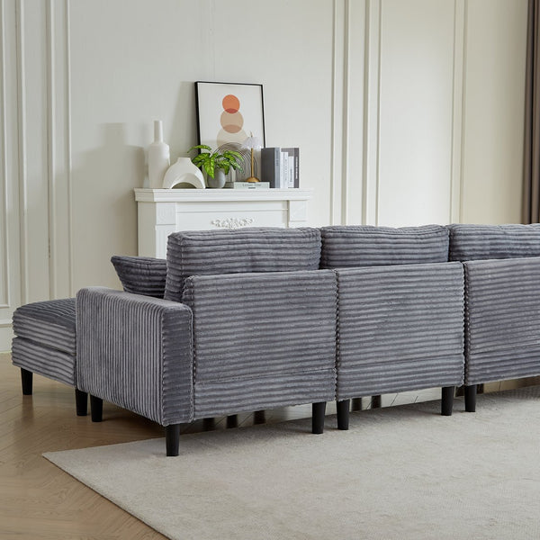 English Elm 122.5-Inch Oversized U-Shaped Modular Sofa Corduroy Sectional with Double Chaise, Ottoman, Pillows and Plastic Legs Grey W1193S00123
