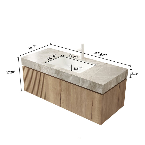 English Elm MURI Wall-Mounted 48" Bathroom Vanity with Durable Sintered Stone Top, Ceramic Basin, Soft-Close Light Gray,White Oak W2615S00229