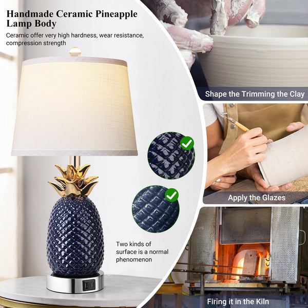 English Elm 22" Pineapple Table Lamps Set of 2 Navy Blue Ceramic 3-Level Touch Dimmable with USB-C+USB-A Ports and Bulbs Included W3355P369130