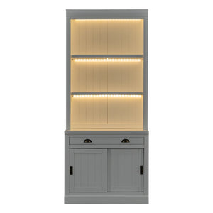 English Elm 83.4"tall Two-piece Bookcase Suite with Led Shelves Tempered Glass Doors Matte Black N751S059621K