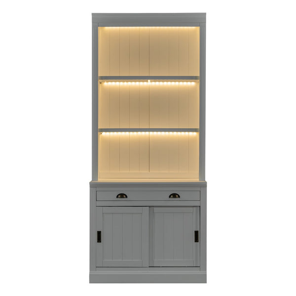 English Elm 83.4"tall Two-piece Bookcase Suite with Led Shelves Tempered Glass Doors Matte Black N751S059621K