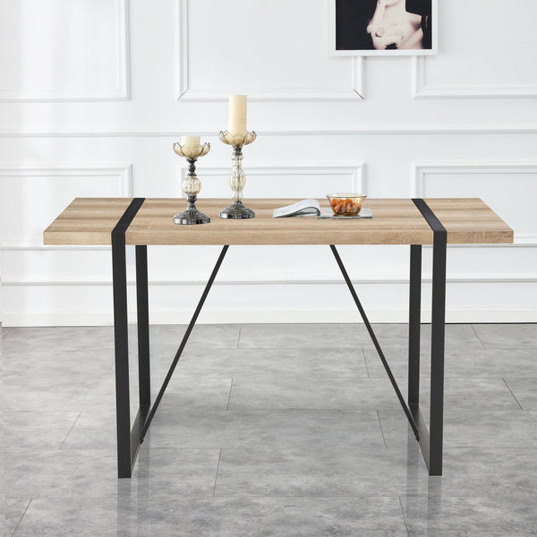 English Elm Rustic 55" Industrial Rectangular Dining Table for 4-6, 1.5" Engineered Wood Top, Black Metal Legs W1512P409971