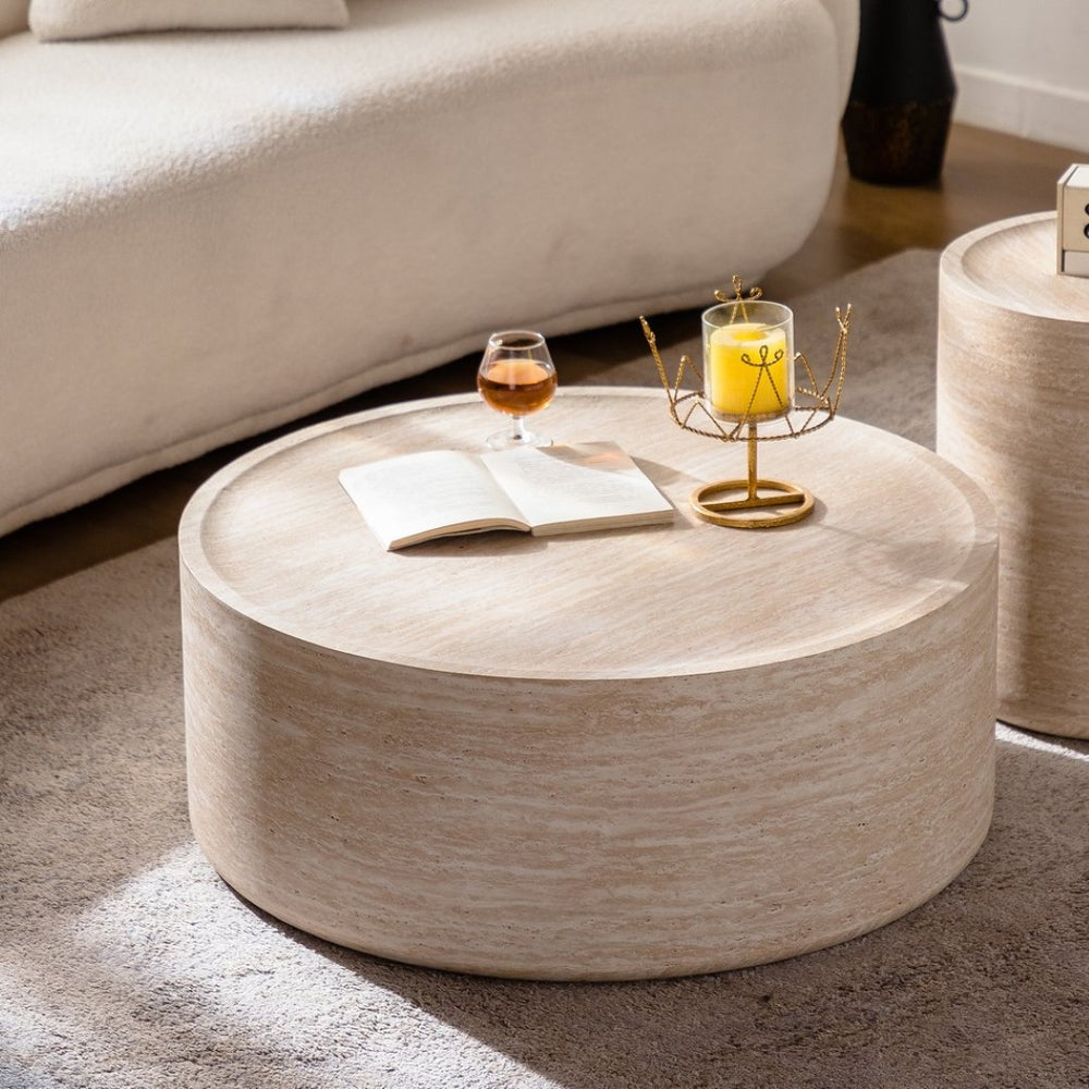 English Elm 31.5'' Round Drum Coffee Table with Amber Mars Texture for Modern Living Rooms W3081P394278
