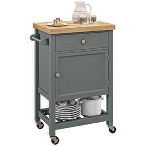 English Elm HOMCOM Rolling Kitchen Cart with Rubberwood Butcher Block Top, Drawer Cabinet Shelf & Towel Rack Gray W2225P217413