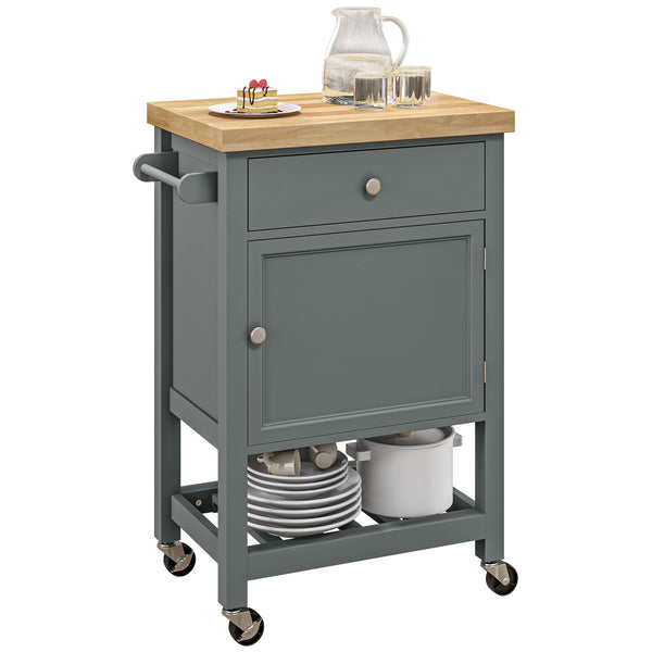 English Elm HOMCOM Rolling Kitchen Cart with Rubberwood Butcher Block Top, Drawer Cabinet Shelf & Towel Rack Gray W2225P217413