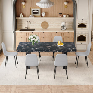 English Elm Table and Chair Set 7 Piece Marble Pattern Mdf Top with Linen Dining Seats Black,Light Gray W1151S03920