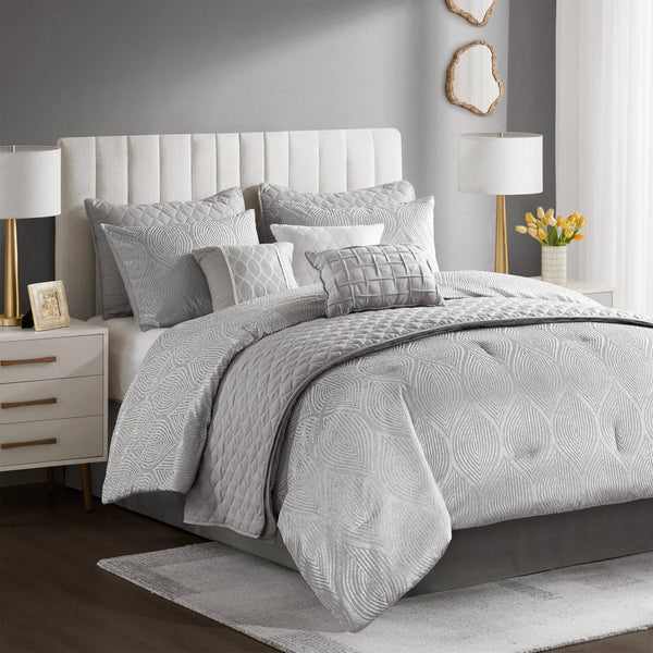 English Elm 10-piece California King Velvet Jacquard Comforter Set Layered Bedding with Microfiber Shams Grey B035P482945