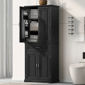 English Elm Bathroom Tall Storage Cabinet with Doors and Drawer, Adjustable Shelf, Anti-Tip Safety, MDF Finish Black N725P210330B