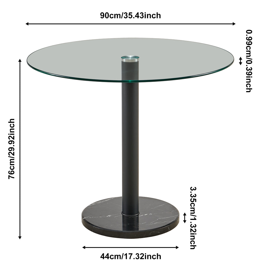 English Elm Modern Tempered Glass Round Table with Black Marble Chassis — Stable, Easy-Clean Coffee & Dining Centerpiece W1164S00022