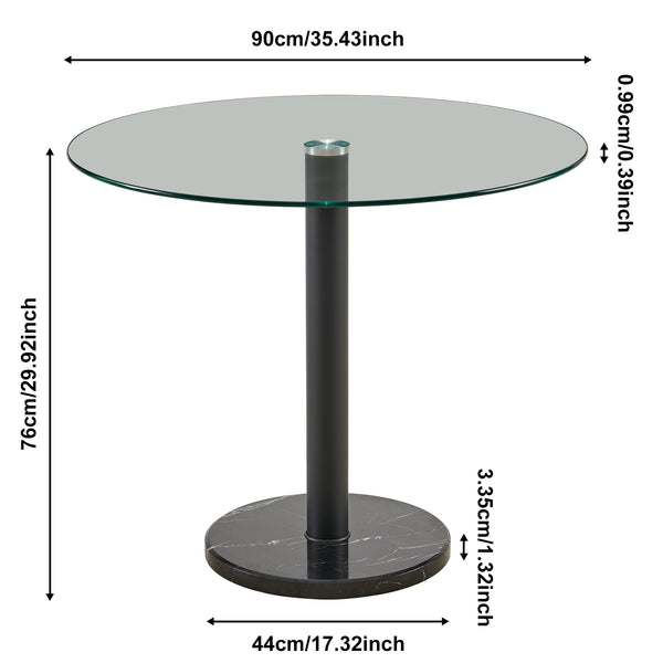 English Elm Modern Tempered Glass Round Table with Black Marble Chassis — Stable, Easy-Clean Coffee & Dining Centerpiece W1164S00022