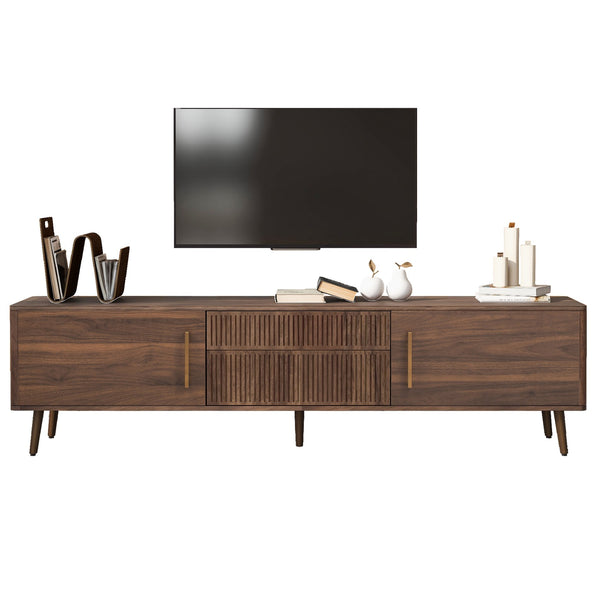 English Elm Mid Century TV Stand Walnut Finish with 2 Drawers, Cable Management, Solid Wood Legs, 80'' Safe Storage and Style N710P222772P