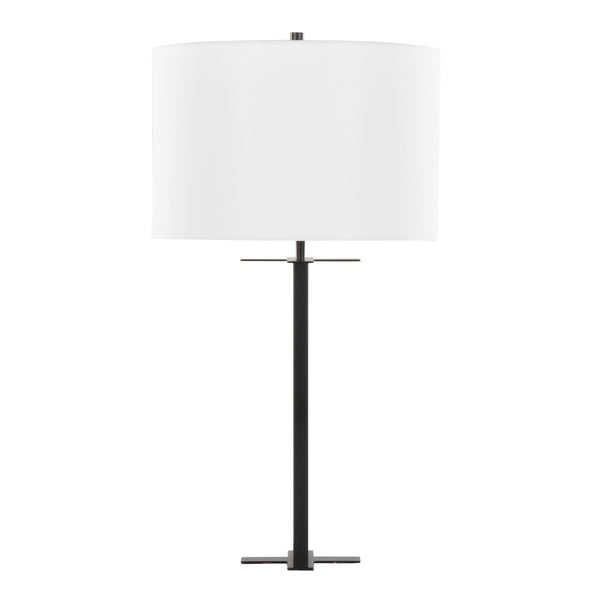 English Elm Cosmo Art Deco 28" Metal Table Lamp with Sleek Antique Brass Base and White Linen Drum Shade, Elegant Lighting Black B202P224191