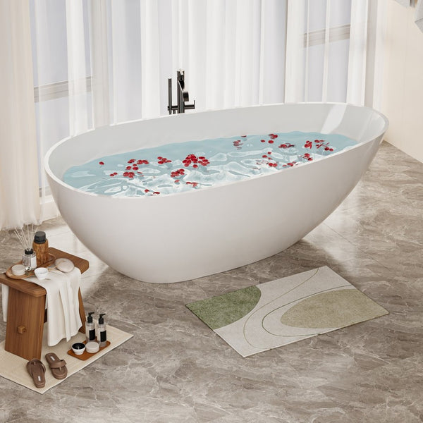English Elm 59" Handcrafted Stone Resin Soaking Tub Glossy Freestanding Spa Design with Copper Drain W1573P176229