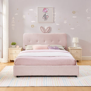 English Elm Full Size Kids Storage Bed Boucle Upholstered Rabbit Ear Headboard with Led Lighting Pink W1413P384923