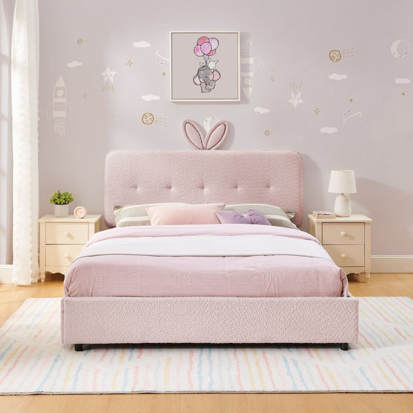 English Elm Full Size Kids Storage Bed Boucle Upholstered Rabbit Ear Headboard with Led Lighting Pink W1413P384923