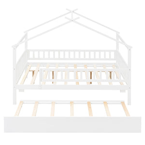 English Elm Full Size Pine House Bed with Roofline Frame and Roll Out Twin Trundle for Kids LP100306AAK