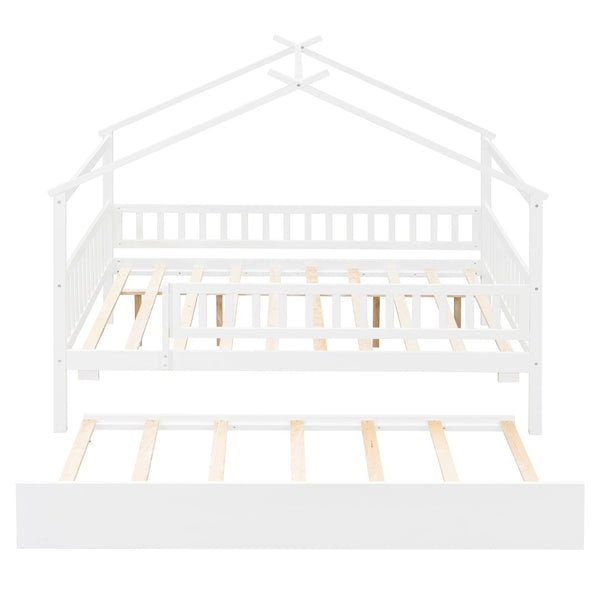 English Elm Full Size Pine House Bed with Roofline Frame and Roll Out Twin Trundle for Kids LP100306AAK